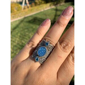 STUNNING!! Brand New Druzy & Aquamarine Sterling Silver Ring Size 7